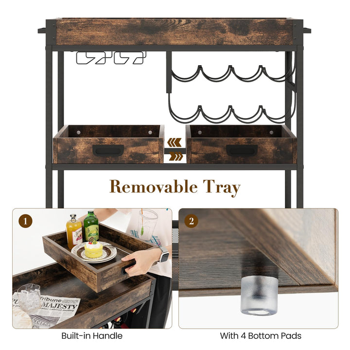 Giantex Rolling Bar Cart, 3-Tier Industrial Buffet Serving Cart with Wine Rack, Stemware Rack & Removable Tray