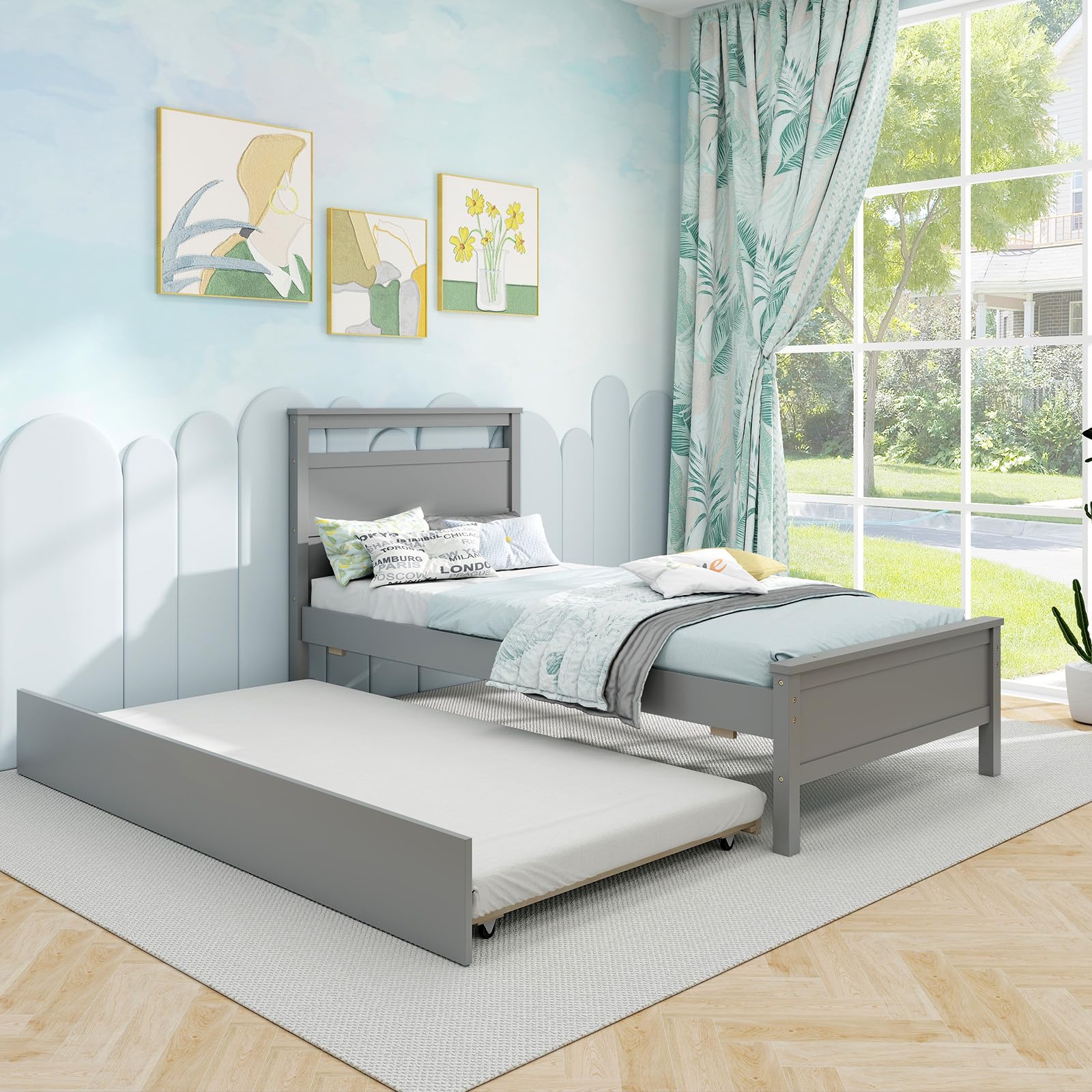 Giantex Trundle Bed Twin, Wood Day Bed Frame with Headboard
