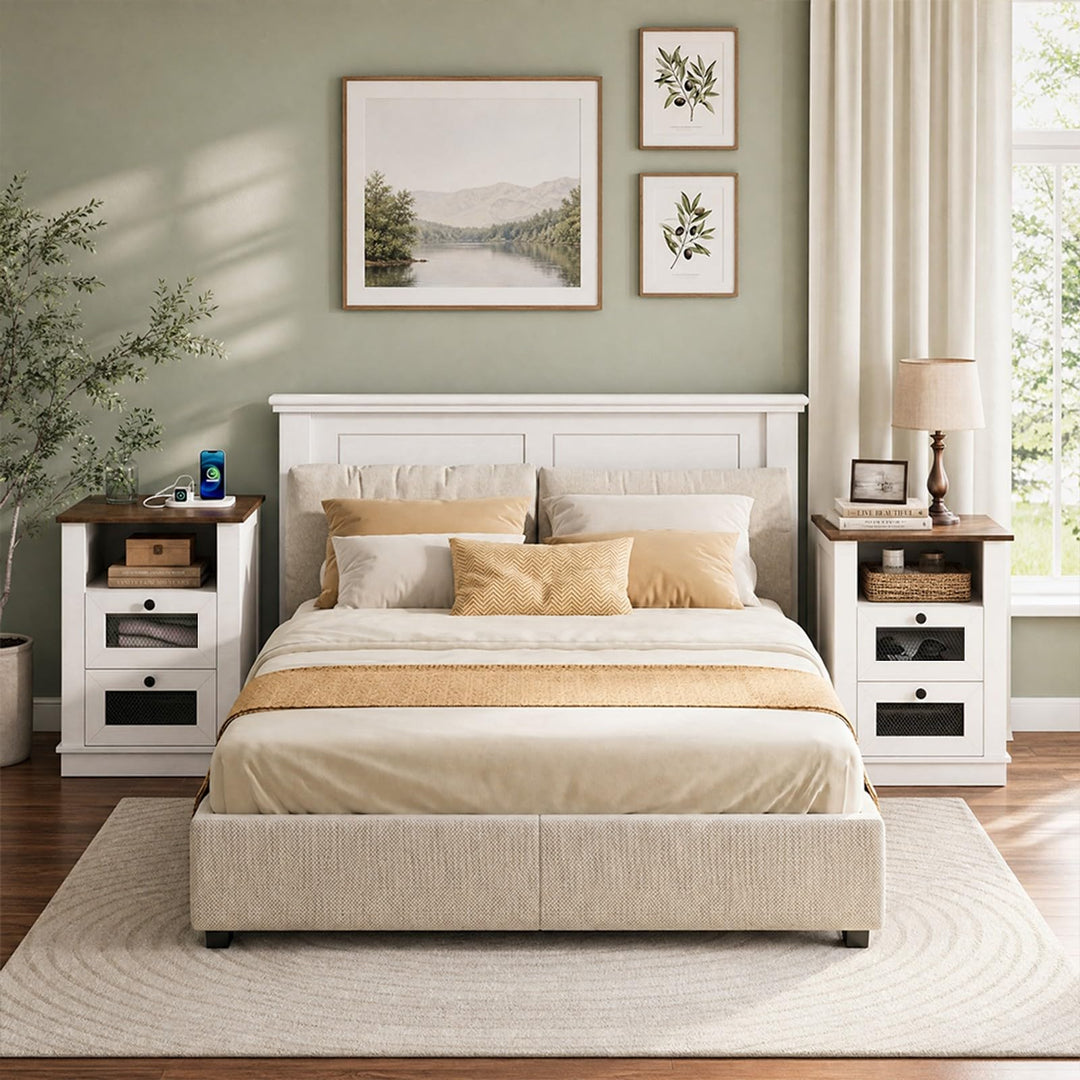GIANTEX Nightstand with Charging Station for Bedroom And Living Room