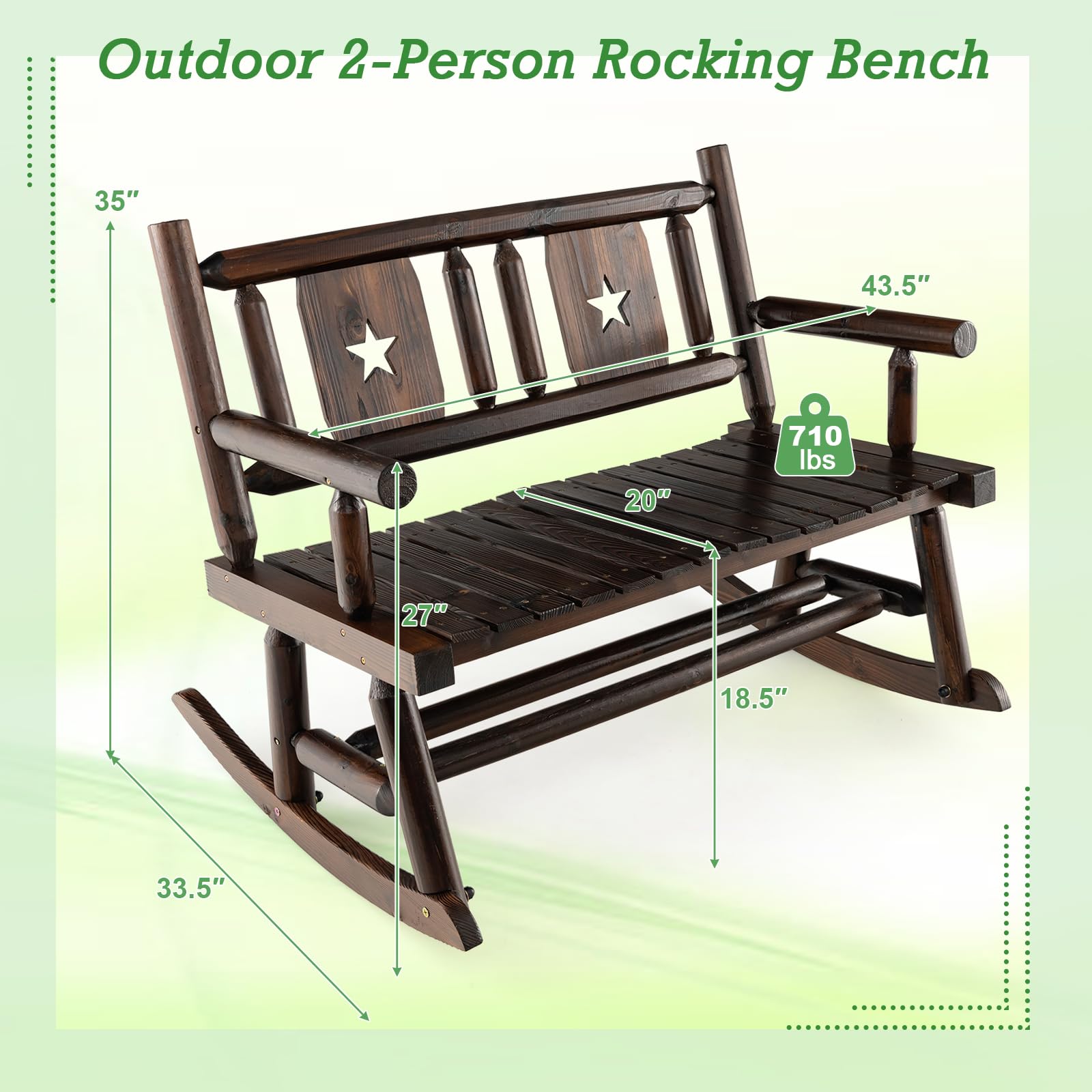 Giantex Outdoor Rocking Bench, Patio Loveseat Rocker for 2 w/Ergonomic Back & Log Arms, Carbonized Fir Wood Frame