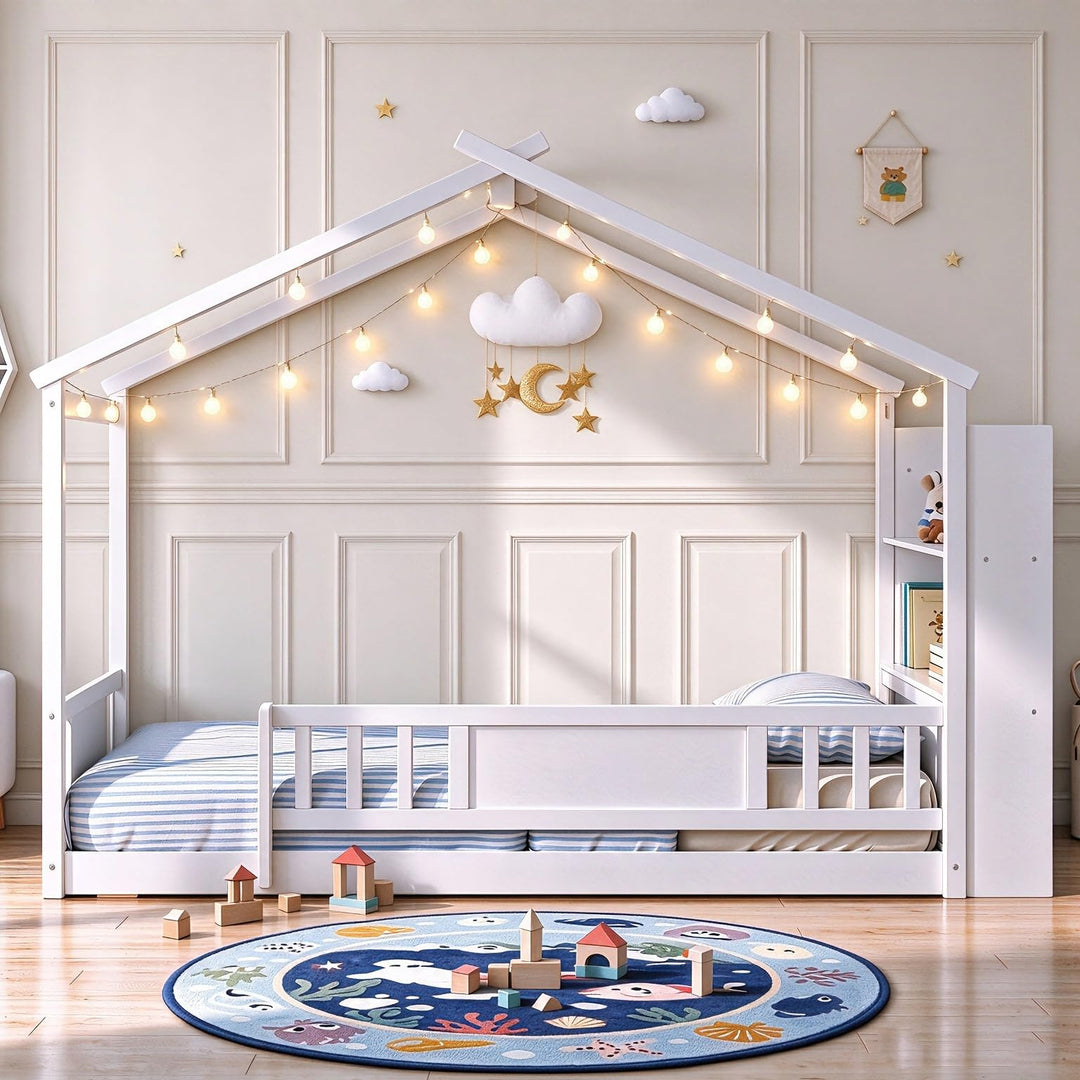 GIANTEX Twin Montessori Solid Wood Floor Bed with Storage Bookshelf