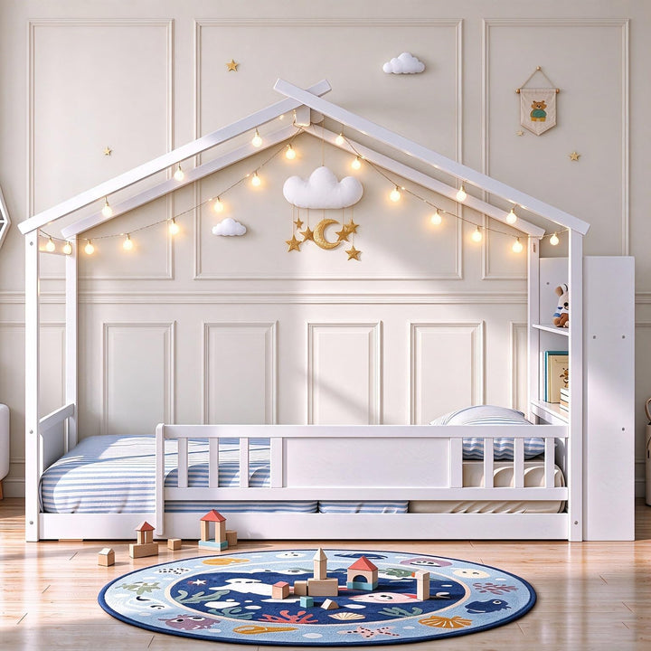 GIANTEX Twin Montessori Solid Wood Floor Bed with Storage Bookshelf