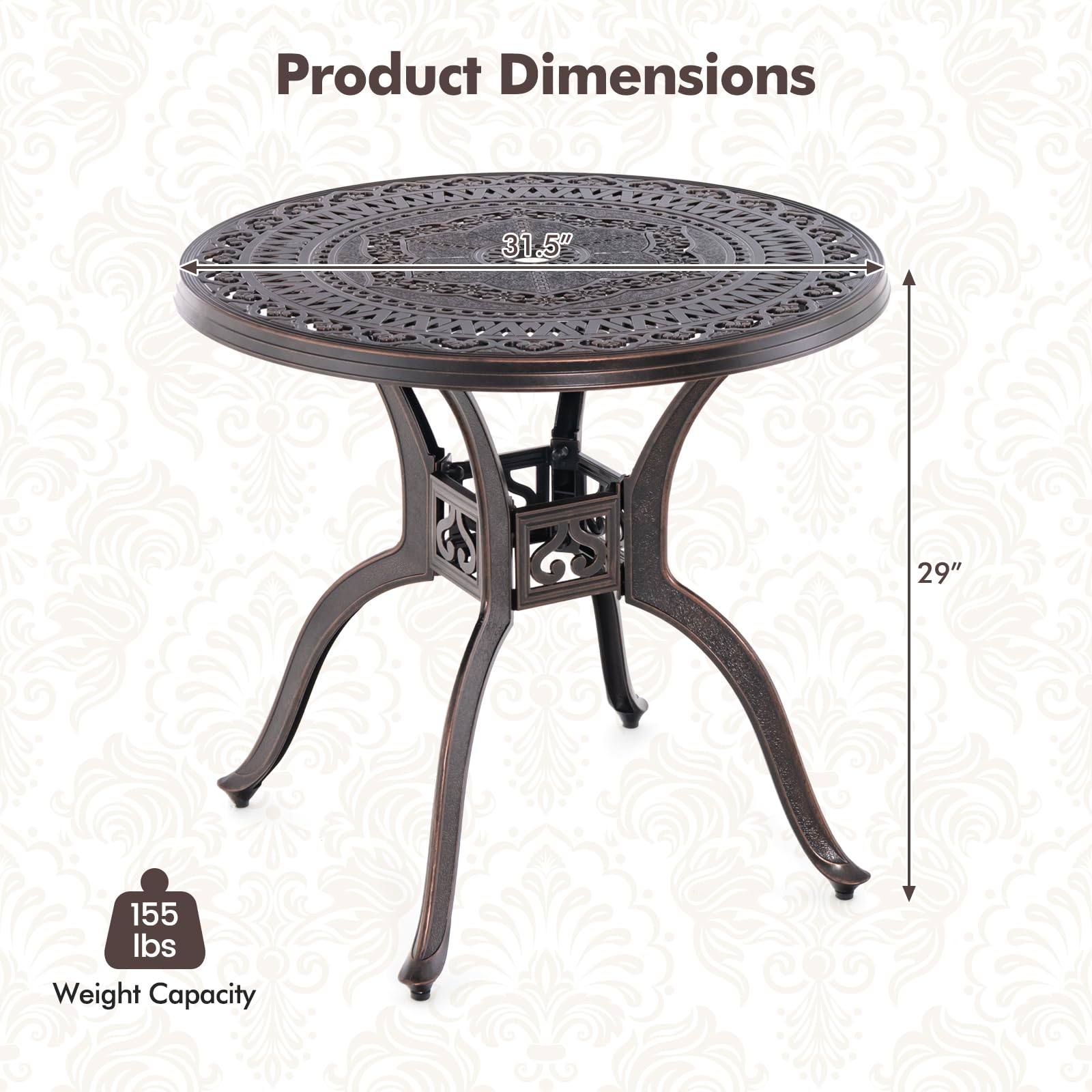 Giantex 31.5" Patio Bistro Table, Cast Aluminum Table Side Table with 2" Umbrella Hole & Adjustable Footpads