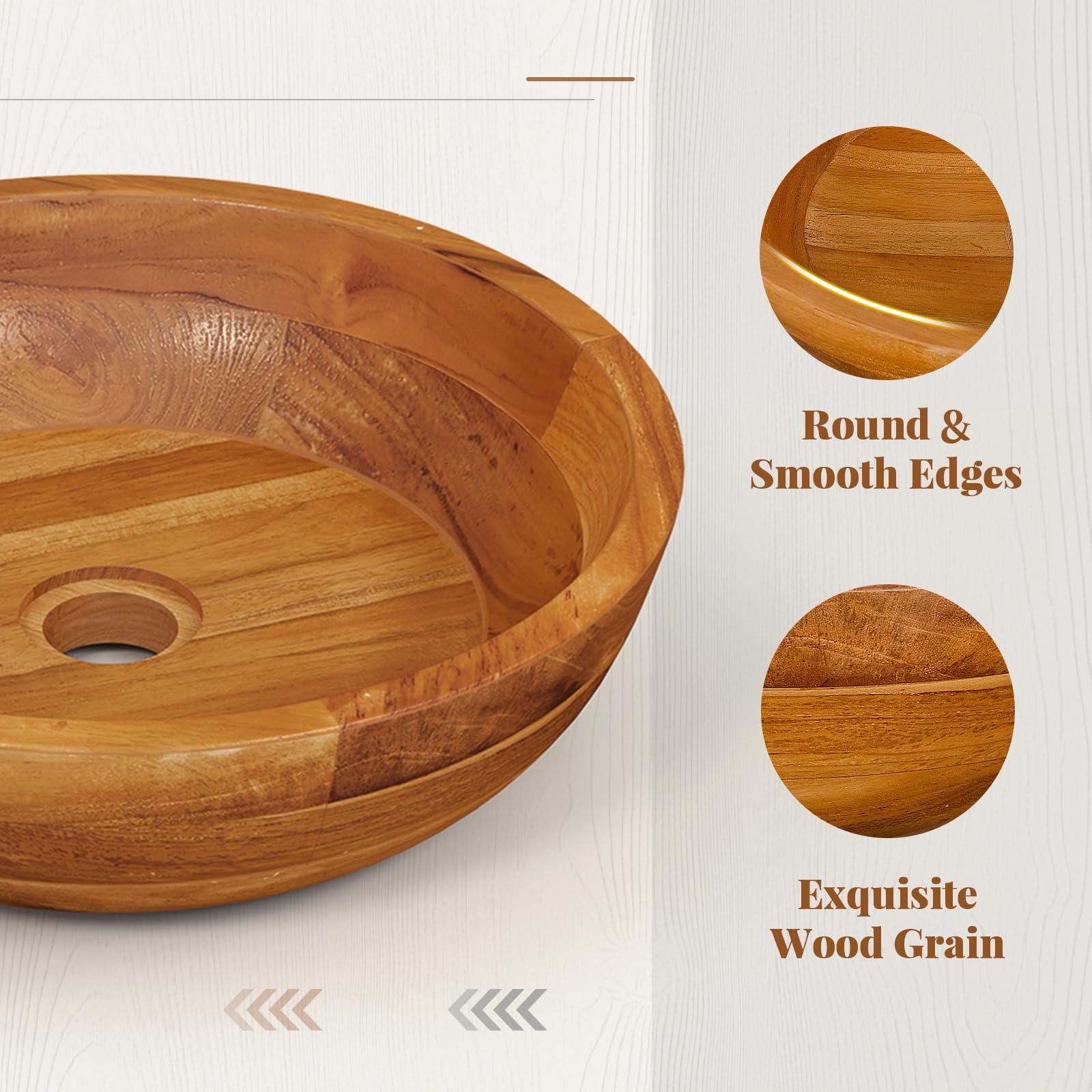 Giantex Teak Wood Vessel Sink - Bathroom Washbasin with Smooth Finish, Round Corner (16” x 16” x 4” Bowl-shaped)