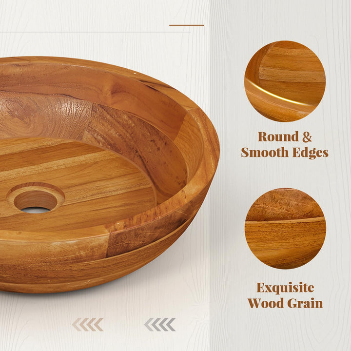 Giantex Teak Wood Vessel Sink - Bathroom Washbasin with Smooth Finish, Round Corner (16” x 16” x 4” Bowl-shaped)