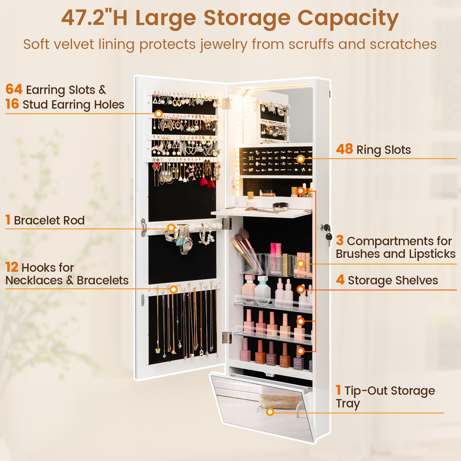 CHARMAID Jewelry Cabinet Wall Mounted, 47.2" Full Length Mirror, Lockable Jewelry Armoire with Tip out Storage Drawer