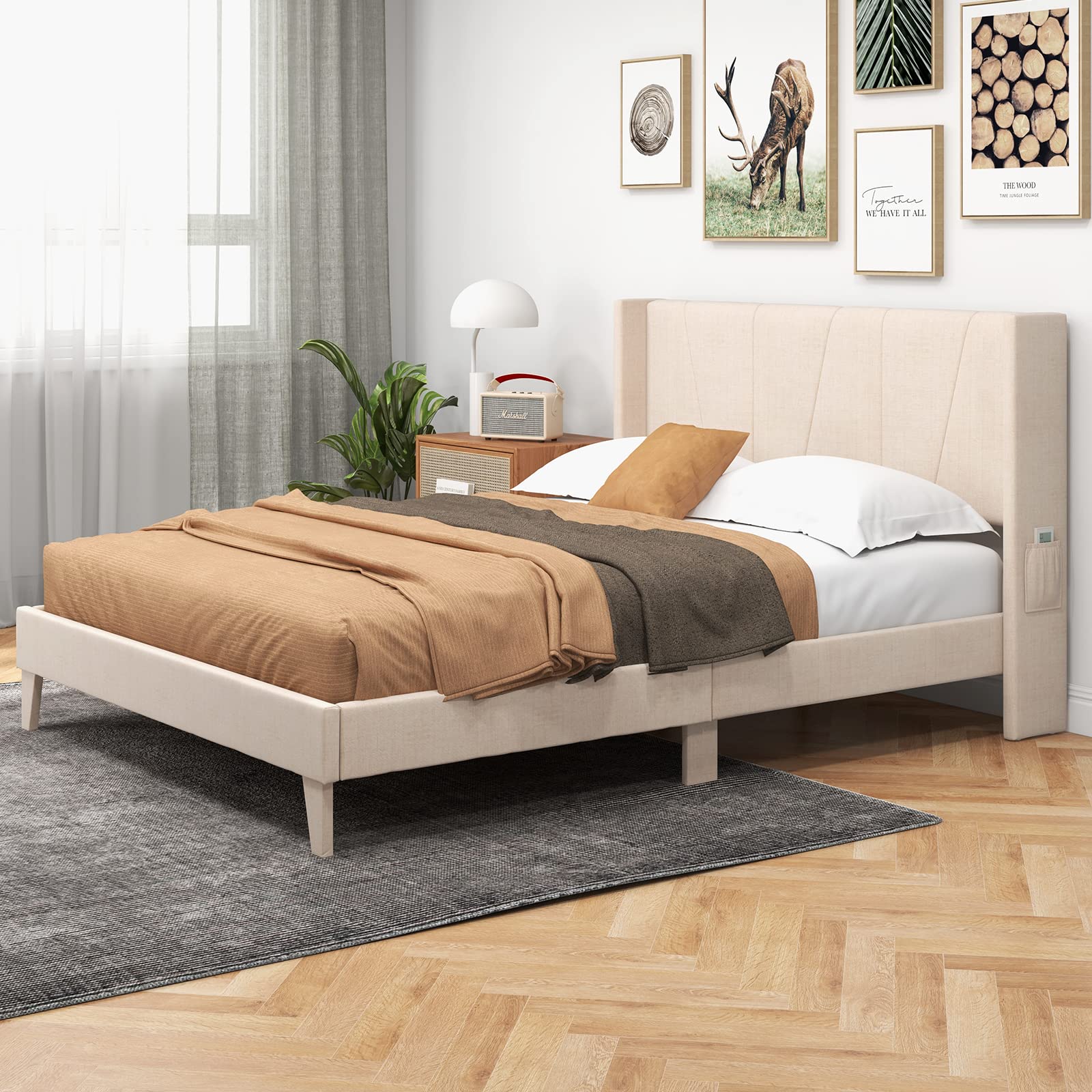 Giantex Queen/Full Bed Frame with Geometric Wingback Headboard, Modern Beige Bed