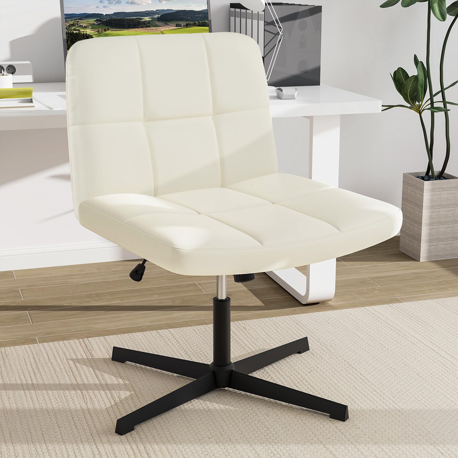 Giantex Criss Cross Chair, PU Leather Cross Legged Office Chair No Wheels, Height-adjustable Swivel Vanity Chair with U-shaped Seat
