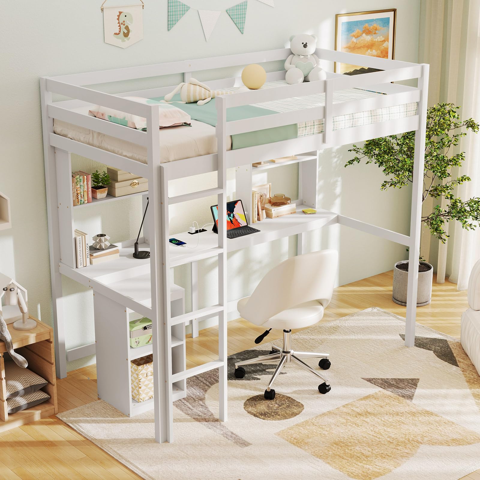 Giantex Twin Loft Bed with Desk and Hutch for Dorm Apartment