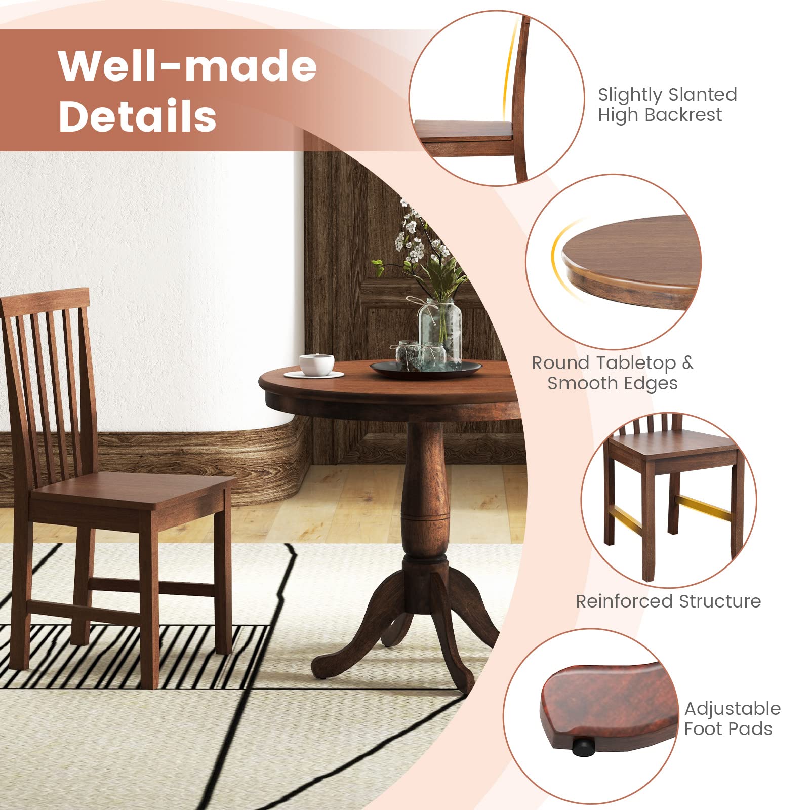 3-Piece Kitchen Table Set, Mid-Century Round Dining Table & Chairs Set for 2, Walnut