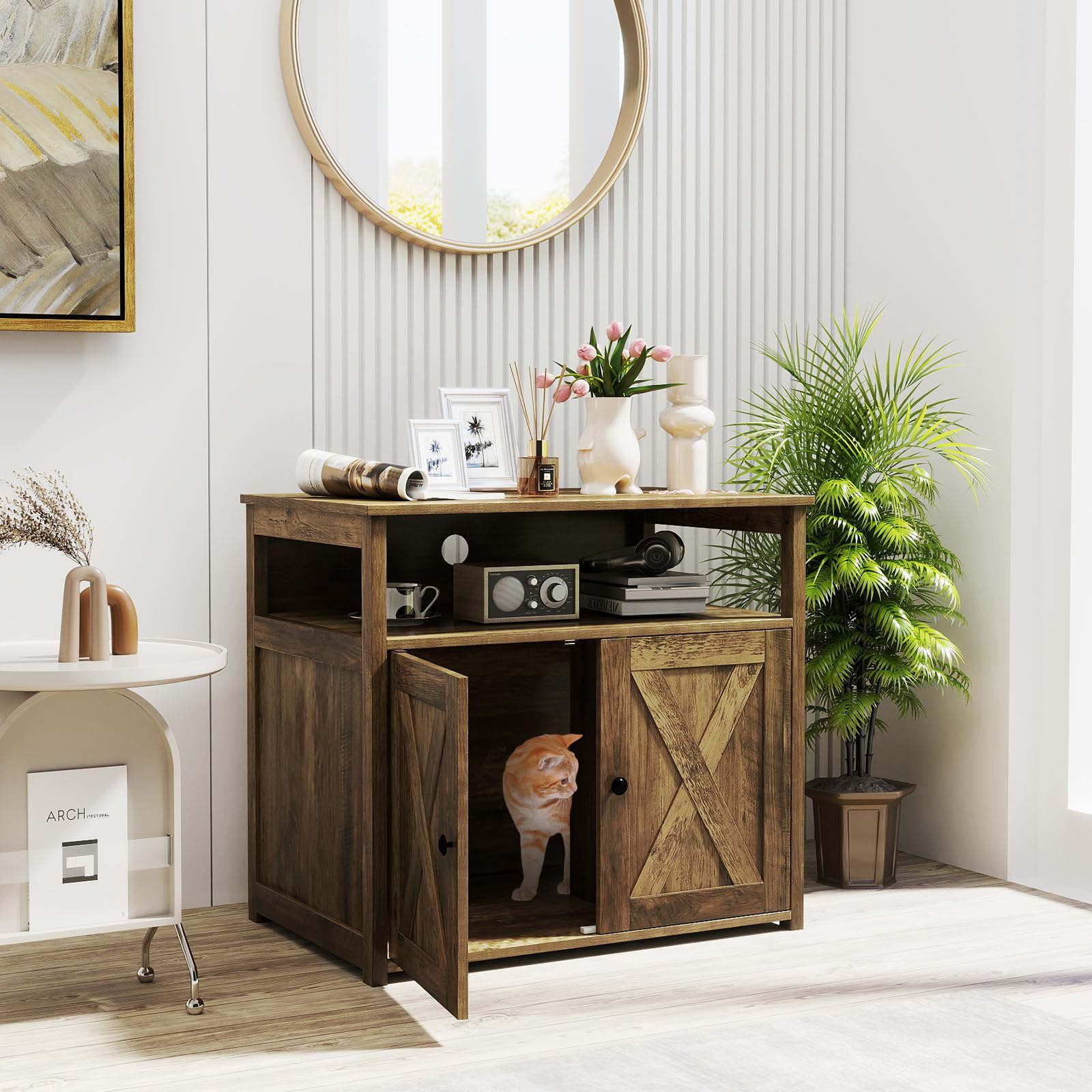 Giantex Cat Litter Box Enclosure - Litter Box Hidden Furniture with Barn Door, Inner Divider, Side Entry, Storage Shelf