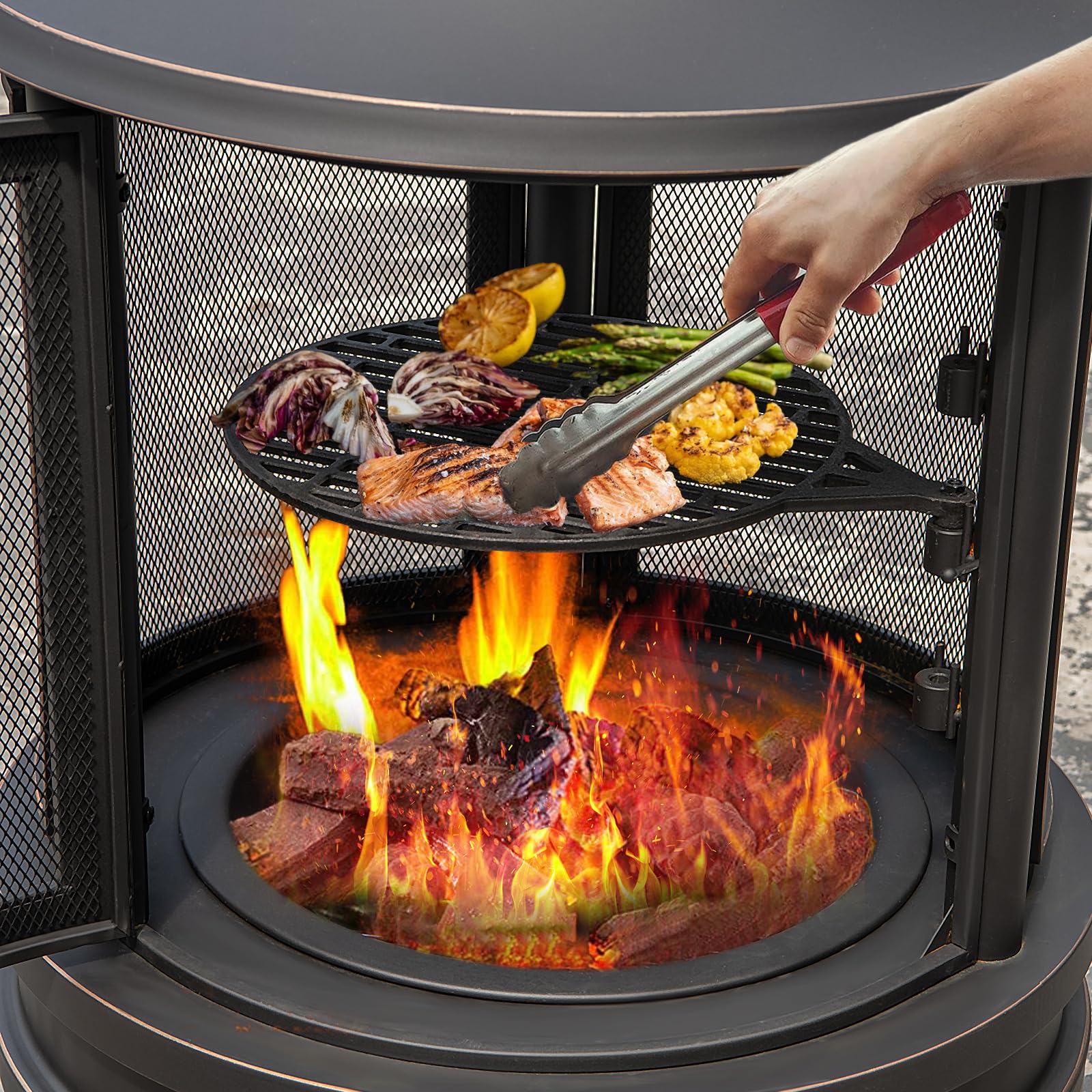 Giantex 2 in 1 Outdoor Fire Pit with Grill, 30 Inch Metal Chiminea, Wood Burning Fireplace with Chimney