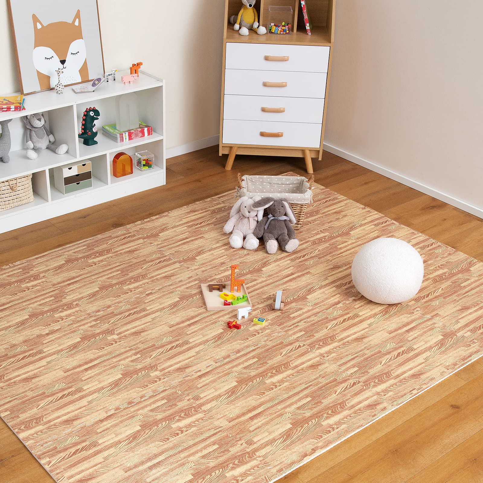 Giantex 100 Sq. Ft Wood Grain Floor Tiles Foam Mat, 25 PCS 24'' x 24'' Puzzle Exercise Mats with Borders