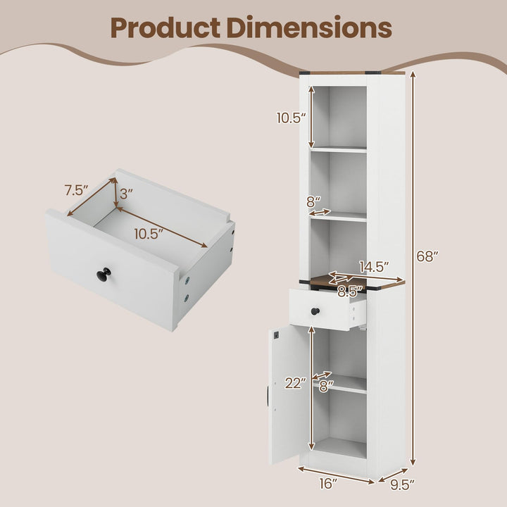 Giantex 68 inch Tall Bathroom Cabinet with Barn Door Narrow Slim Storage Organizer Unit with Drawer