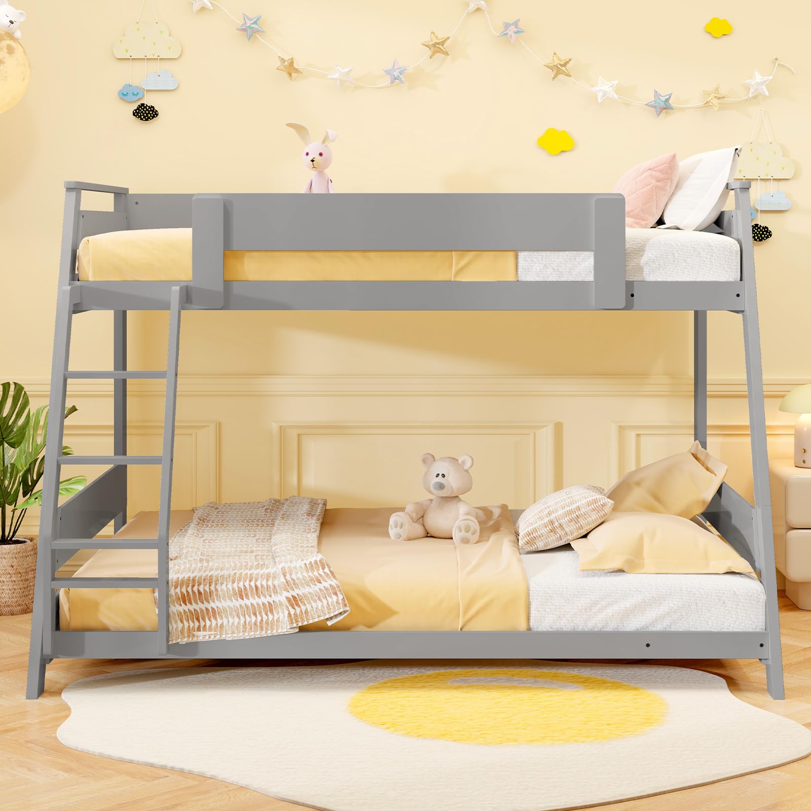 Giantex Wood Bunk Beds Twin Over Full Size, Solid Wood Floor Low Bunk Bed w/Removable Ladder