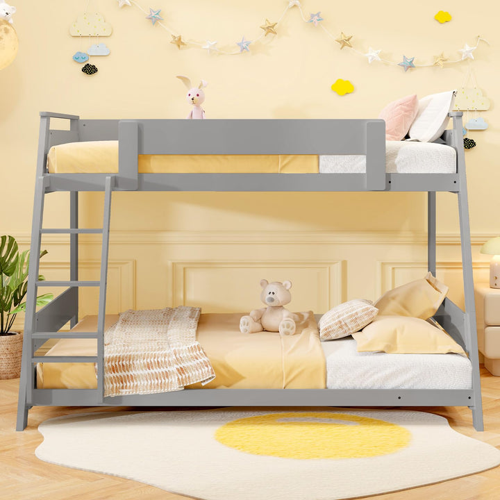 Giantex Wood Bunk Beds Twin Over Full Size, Solid Wood Floor Low Bunk Bed w/Removable Ladder