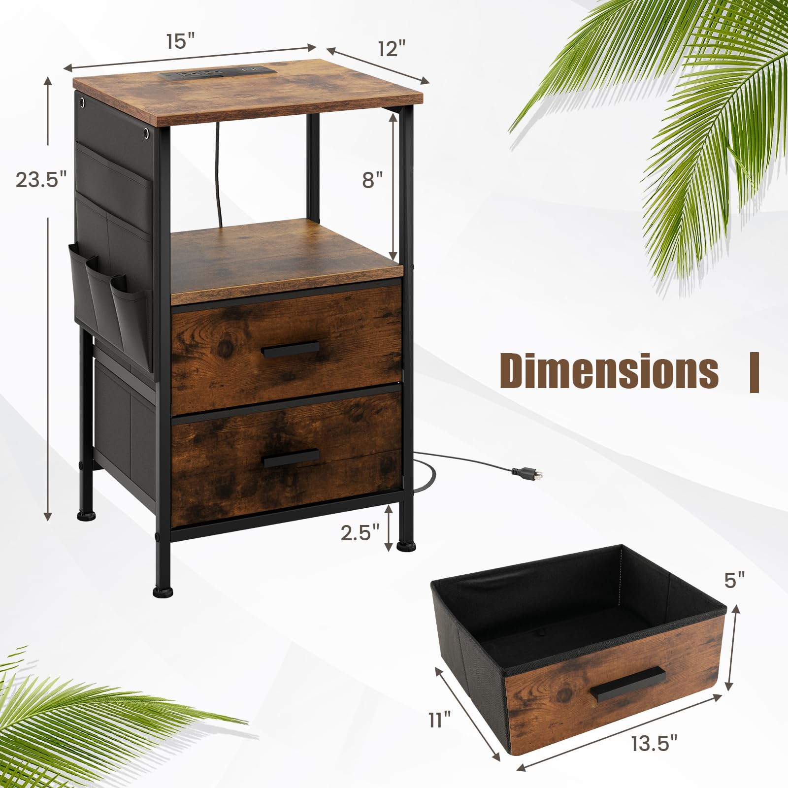 Giantex Nightstand with Charging Station, Industrial Bedside Table with 2 Fabric Drawers & 6 Storage Pockets