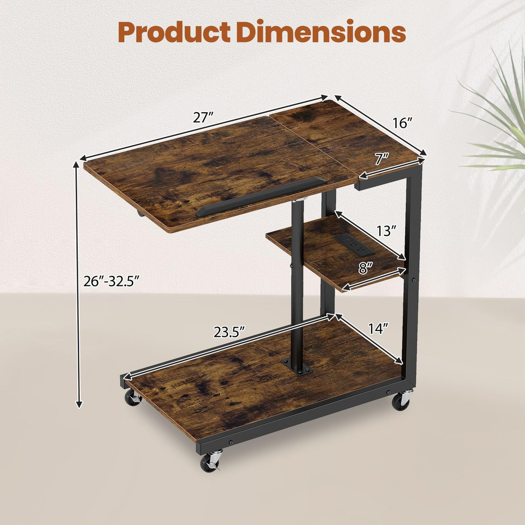 Giantex C Shaped End Table Set 2 w/Charging Station Tiltable Tabletop Wheel