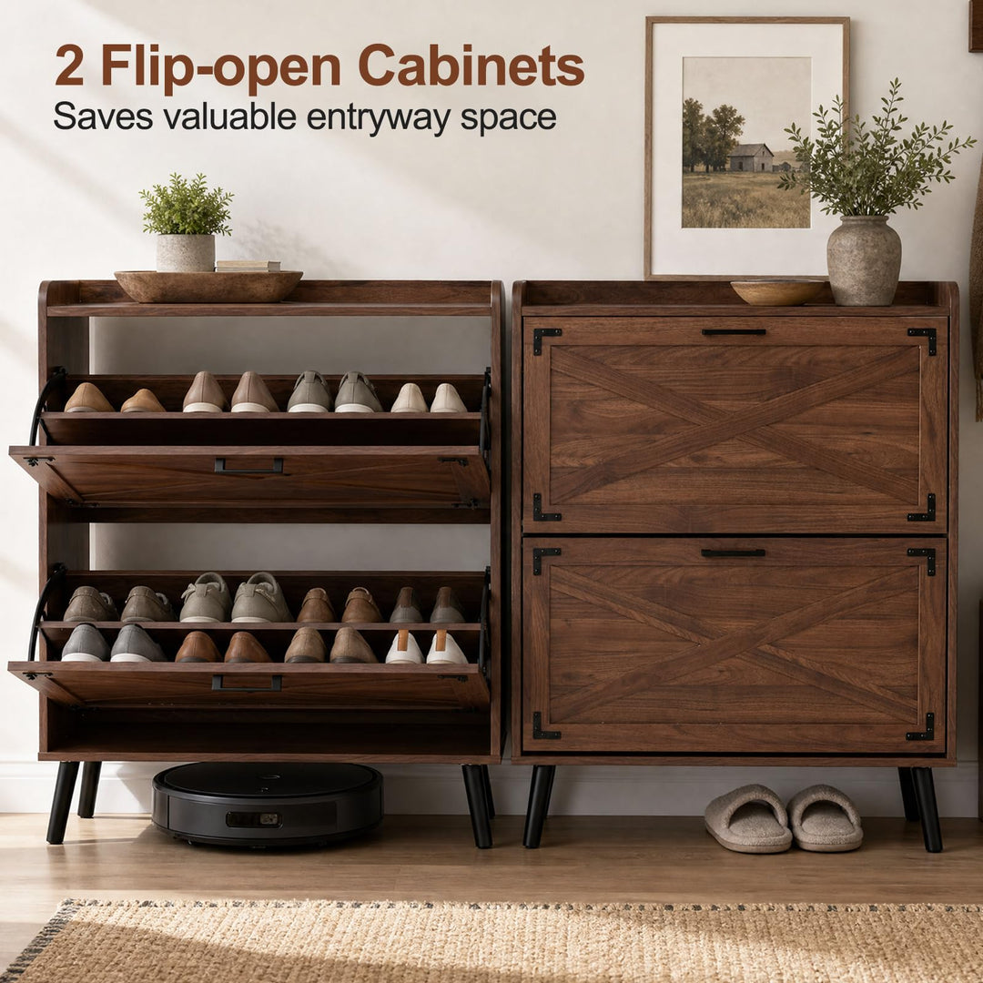 Giantex Freestanding Slim Farmhouse Shoe Storage Cabinet with 2 Flip Drawers