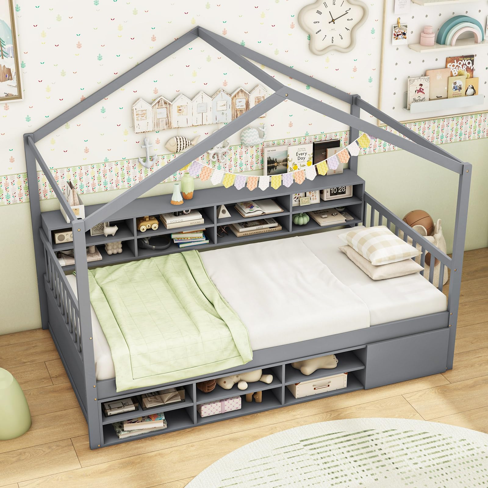 Giantex Twin Size House Bed with Storage, Wooden Montessori House Bed with 14 Storage Cubes