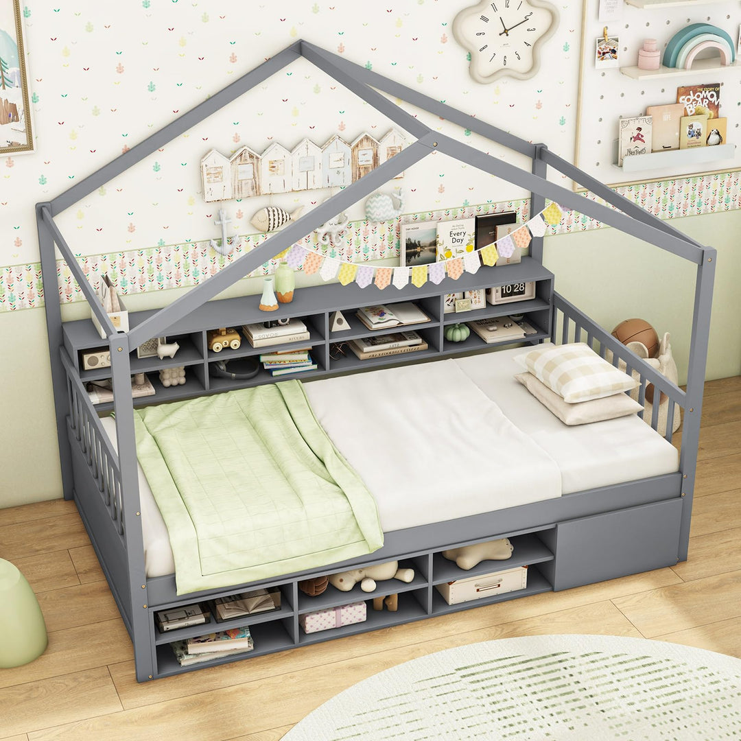 Giantex Twin Size House Bed with Storage, Wooden Montessori House Bed with 14 Storage Cubes