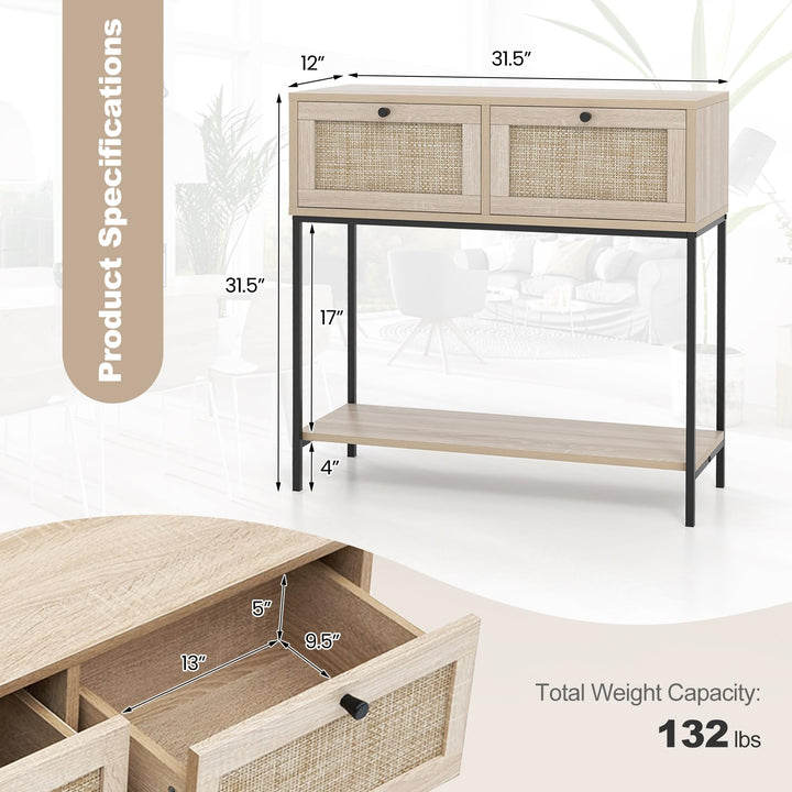 Giantex Console Table with Rattan Drawers - 31.5" Entryway Table w/ 2 Drawers & Open Storage Shelf