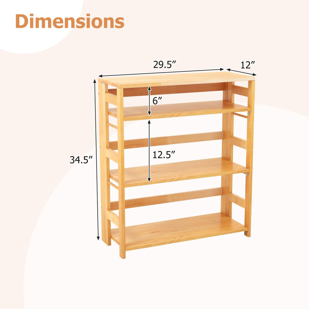 Giantex 4-Tier Bookshelf, 34.5" Floor Storage Shelf w/Rubber Wood Frame, Anti-Toppling Kits, Side Fences