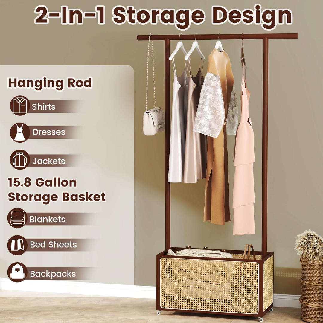 Giantex Bamboo Clothes Rack 2-In-1 Clothing Hanging Rail for Hallway Living Room Bedroom