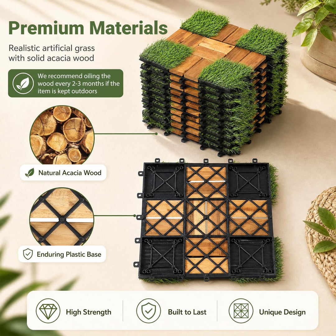 GIANTEX 30 PCS Interlocking Acacia Wood &amp; Artificial Grass Deck Tiles with Drainage Base