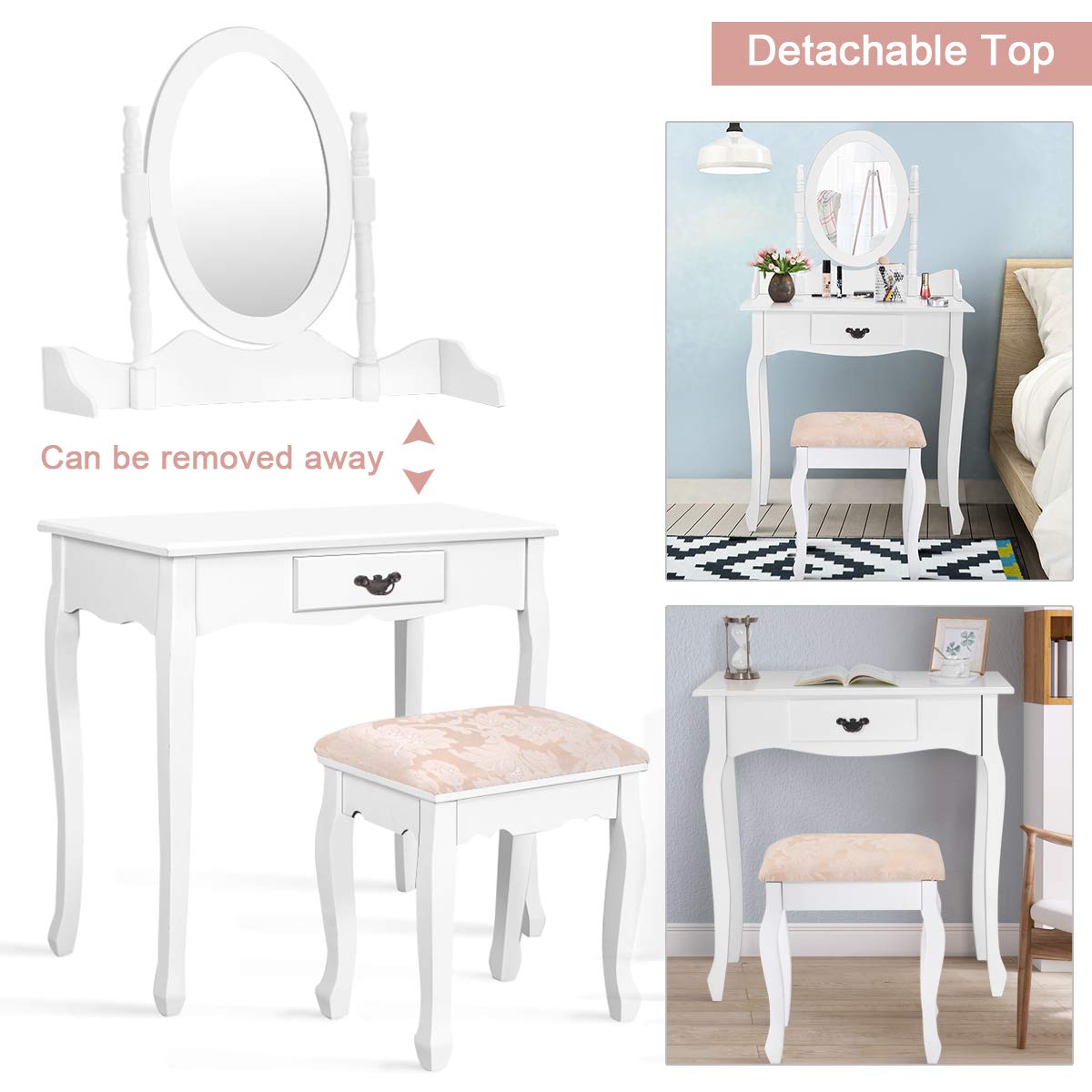 Giantex Bathroom Vanity Table Set w/Mirror Cushioned Stool Makeup Dressing Table Set