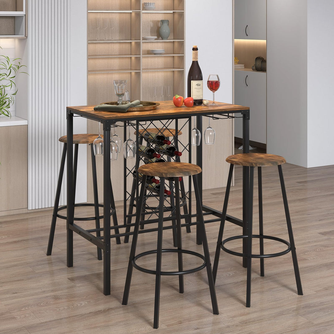 Giantex 5 Pieces Bar Table and Stools Set - Bar Height Table with Stools for 4, Kitchen Table Set with Wine Rack & Glass Holder
