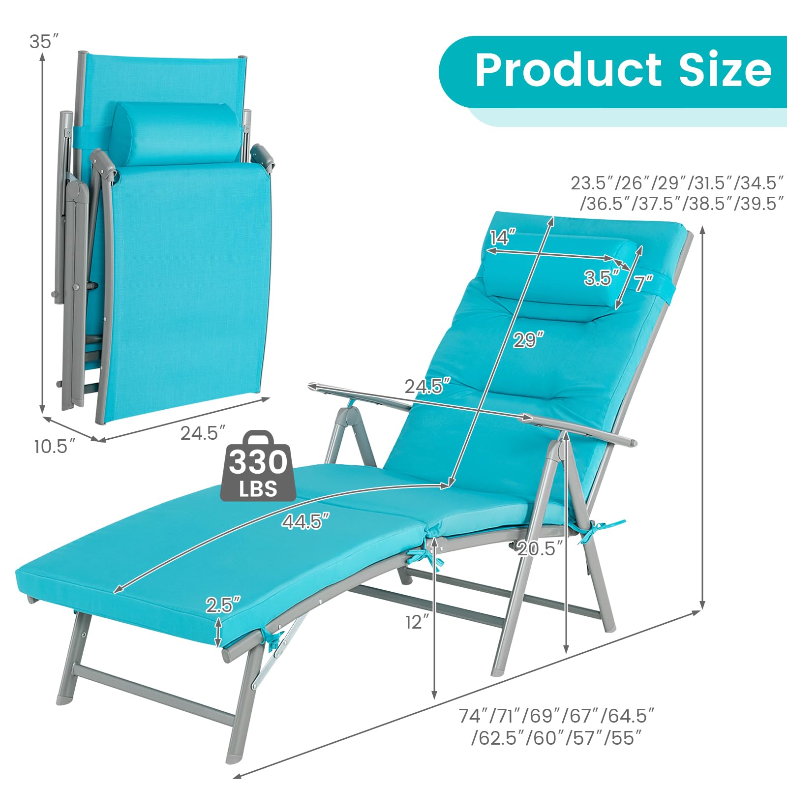 Giantex Folding Chaise Lounge Chair - Outdoor Reclining Chair with Removable Seat Cushion, Headrest Pillow