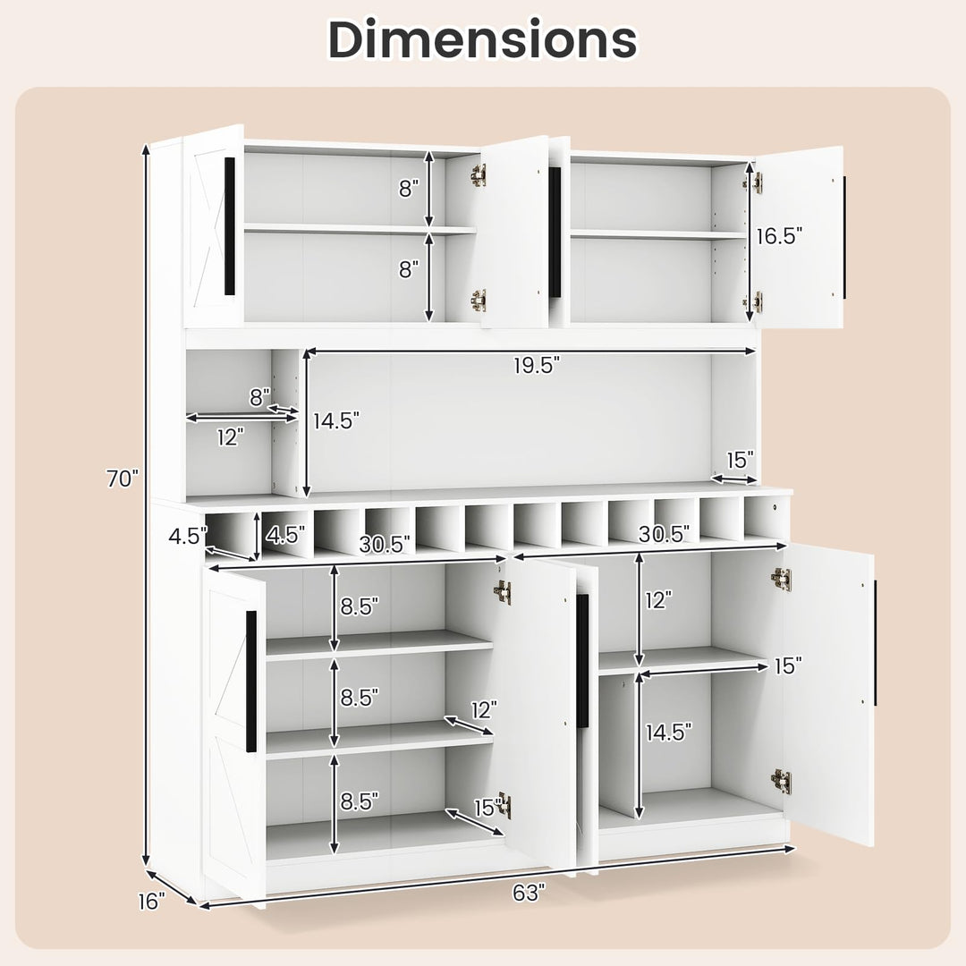 70 Inch Farmhouse Pantry Cabinet Kitchen Buffet Hutch with 4 Cabinets and 2 Open Shelves