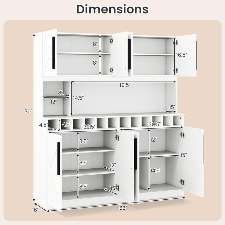 70 Inch Farmhouse Pantry Cabinet Kitchen Buffet Hutch with 4 Cabinets and 2 Open Shelves