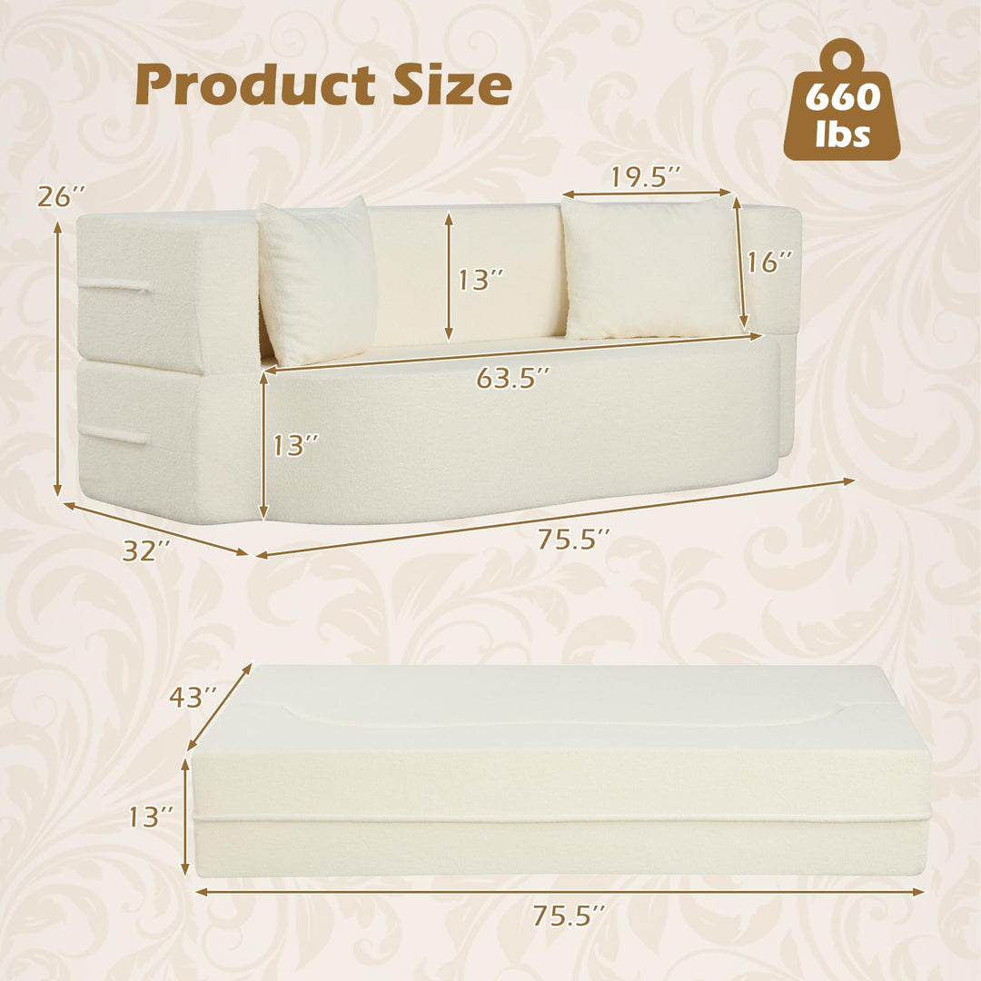 Giantex 75.5" Folding Sofa Bed | 2-in-1 Convertible Teddy Fleece Floor Loveseat with 2 Comfortable Pillows