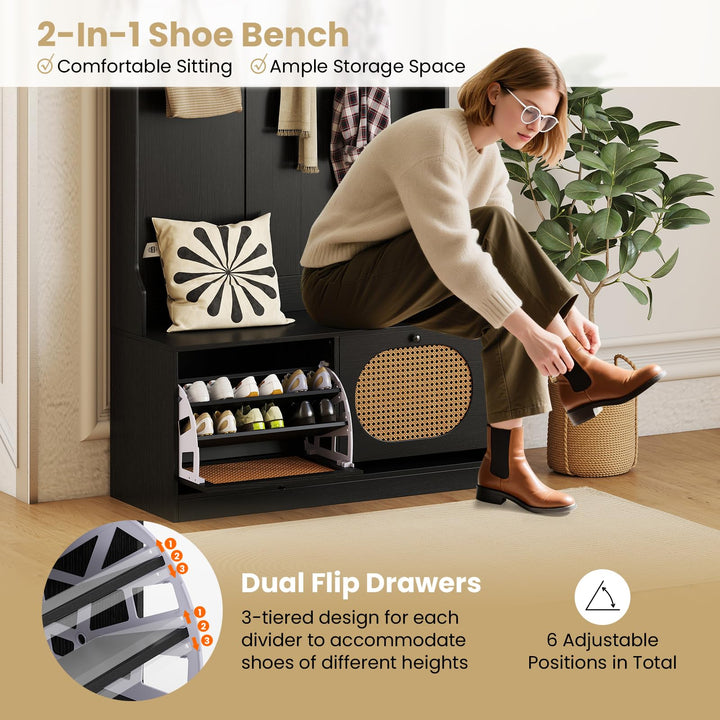 Giantex 4-In-1 Hall Tree Entryway Bench with Coat Rack & Flip Drawers