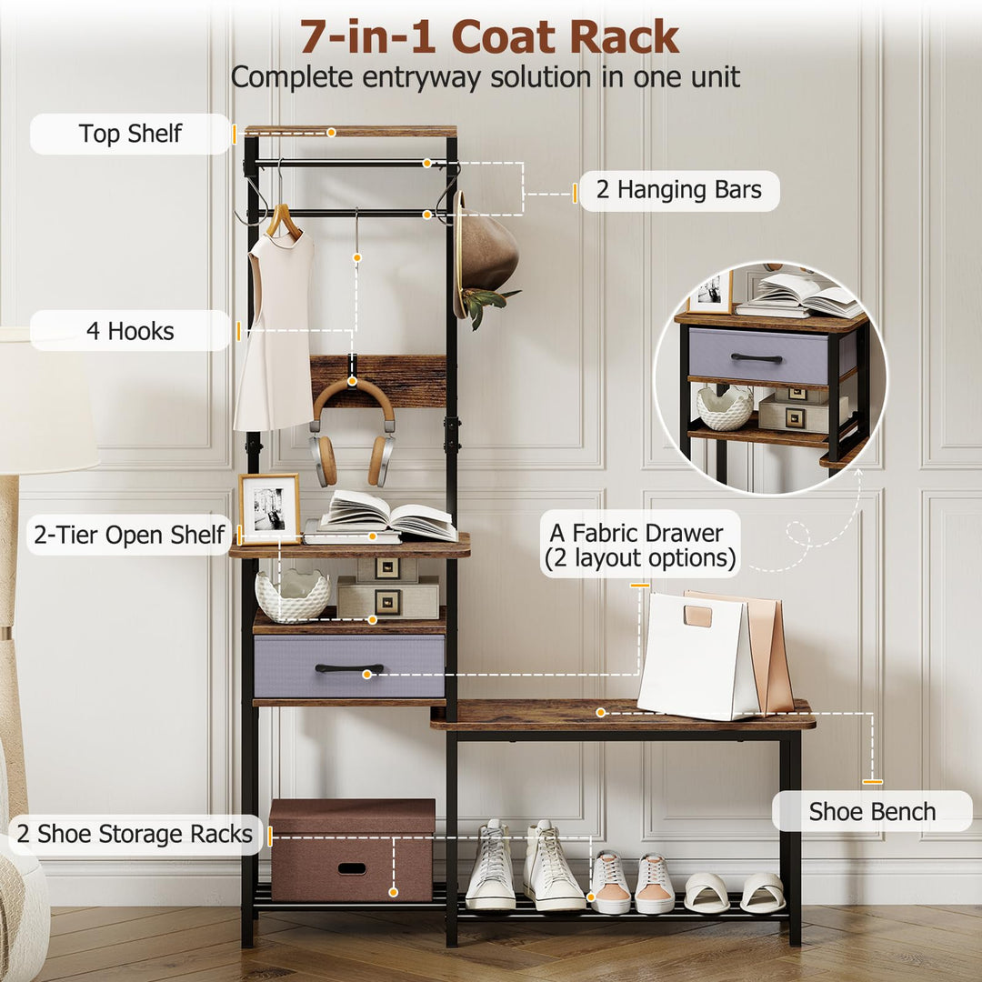 Giantex 7-in-1 Hall Tree with Bench and Shoe Storage