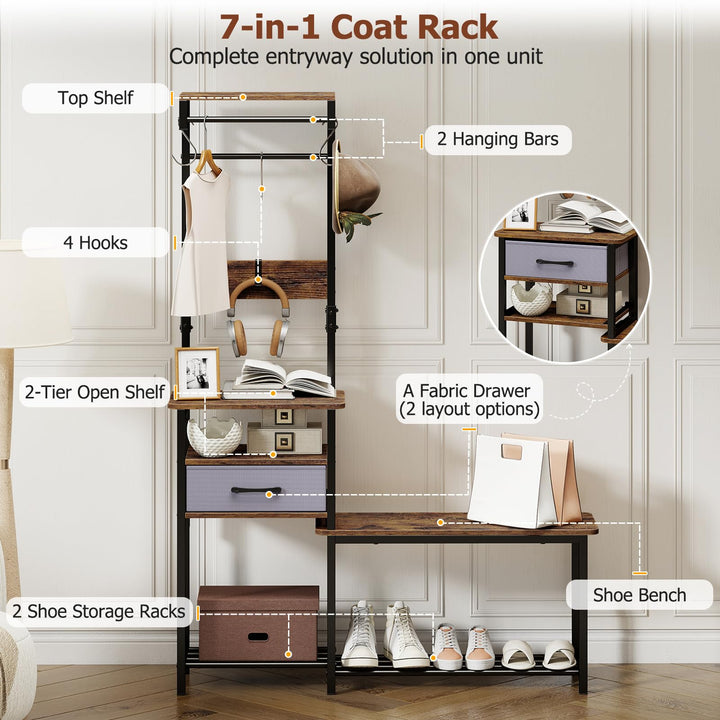 Giantex 7-in-1 Hall Tree with Bench and Shoe Storage