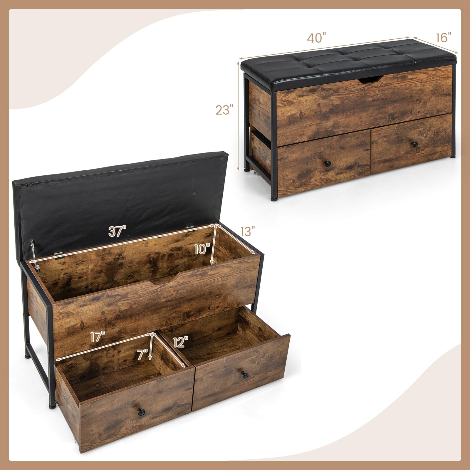 Giantex Storage Bench with Flip Top Storage Chest, 2 Rolling Drawers (Rustic Brown)