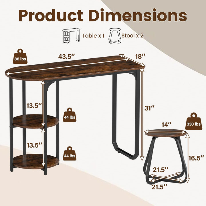 3-Piece Industrial Dining Table Set for Small Space-Rustic Brown