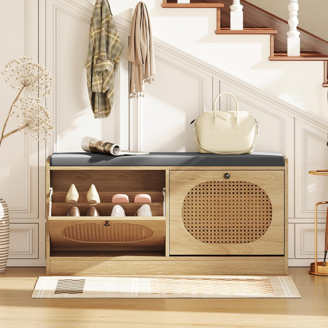 Giantex Rattan Shoe Storage Bench with 2 Flip Drawers & Padded Seat Cushion