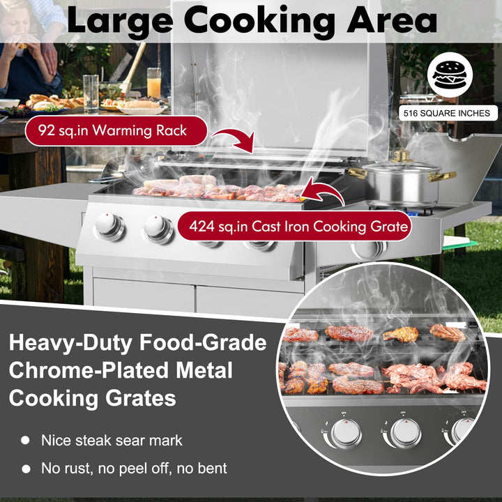 Giantex Propane Gas Grill with 4 Main Burners and Side Burner, total 50,000 BTU