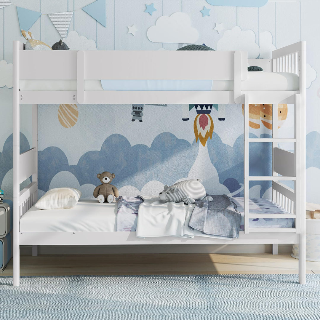 Giantex Wood Bunk Bed Twin Over Twin, Solid Wood Bunk Bed Frame with Ladder & Safety Guardrails