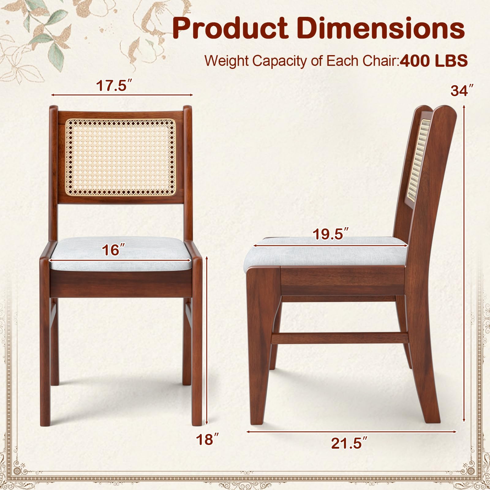 Giantex Rattan Dining Chairs Set of 2/4, Wooden Kitchen Chairs w/Cane Back, Rubber Wood Frame