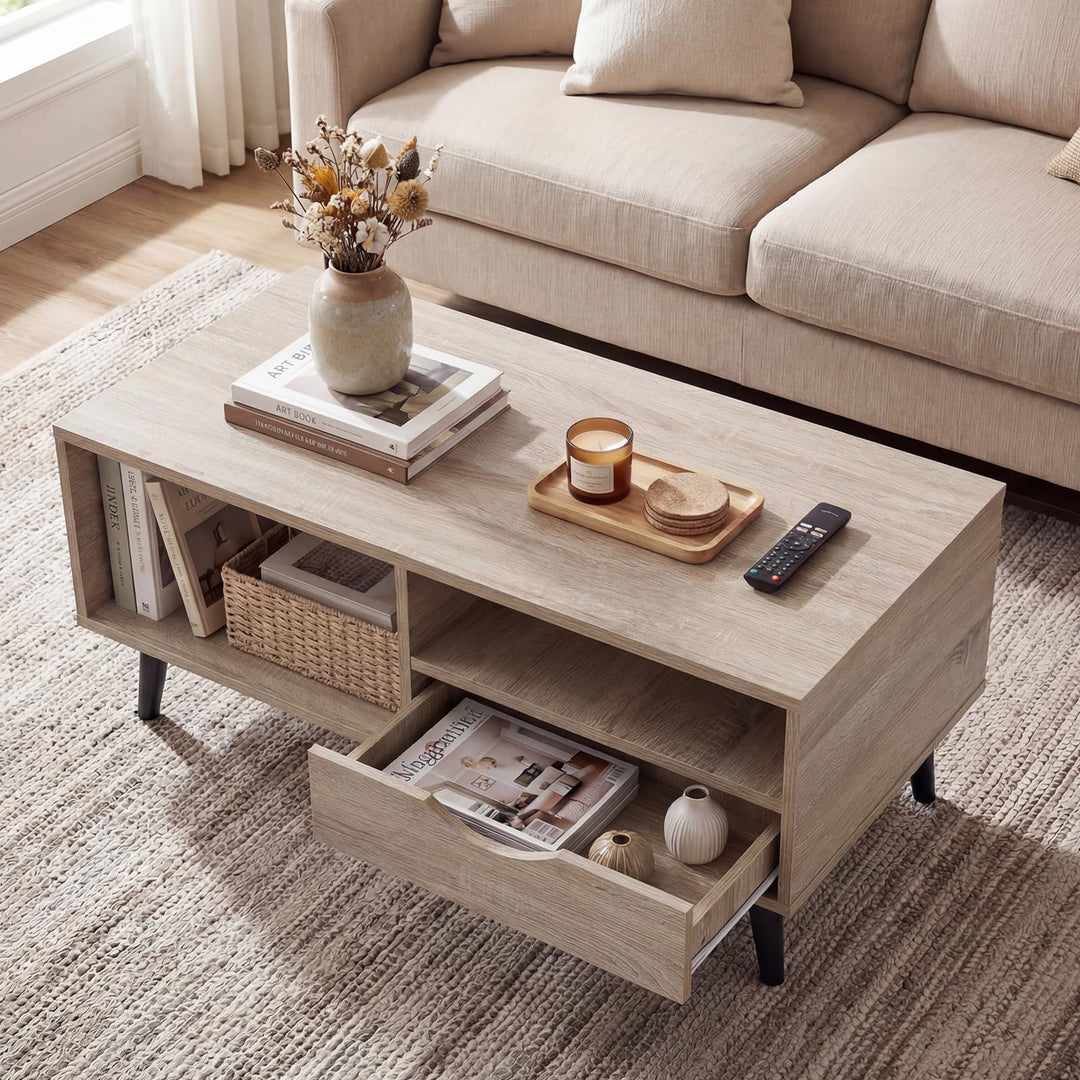 Giantex Wood Coffee Table with Storage Drawer 36.5 Inch Rustic Center Table