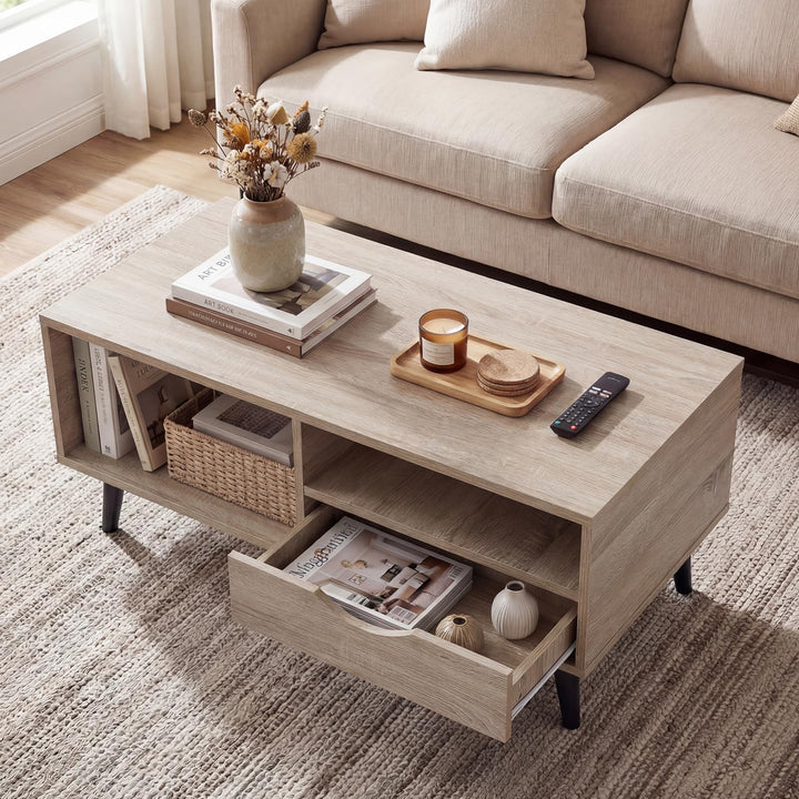 Giantex Wood Coffee Table with Storage Drawer 36.5 Inch Rustic Center Table