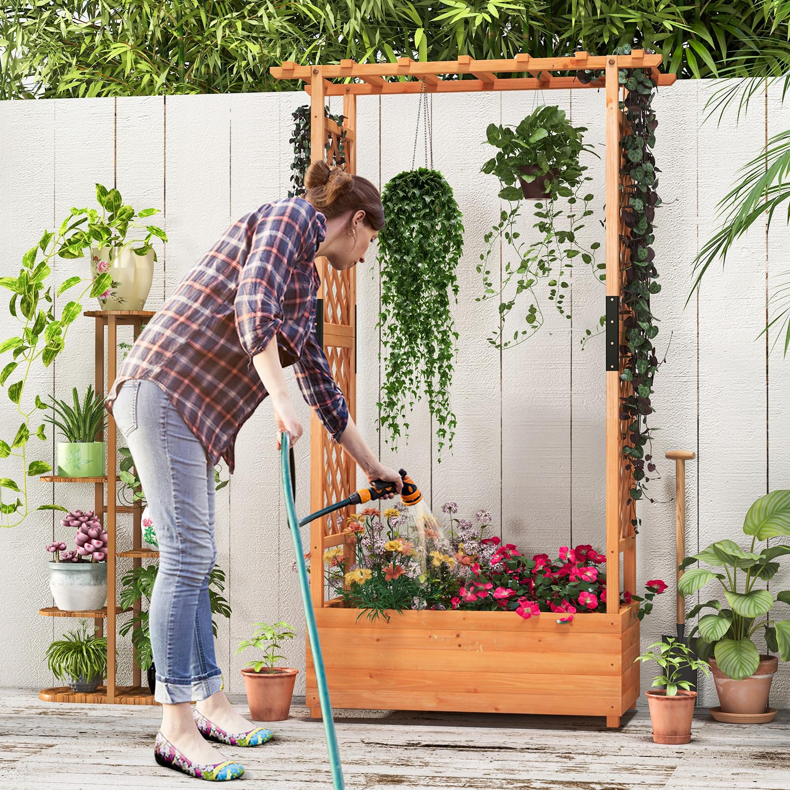 Giantex Raised Garden Bed with 2-Sided Trellis & Hanging Roof