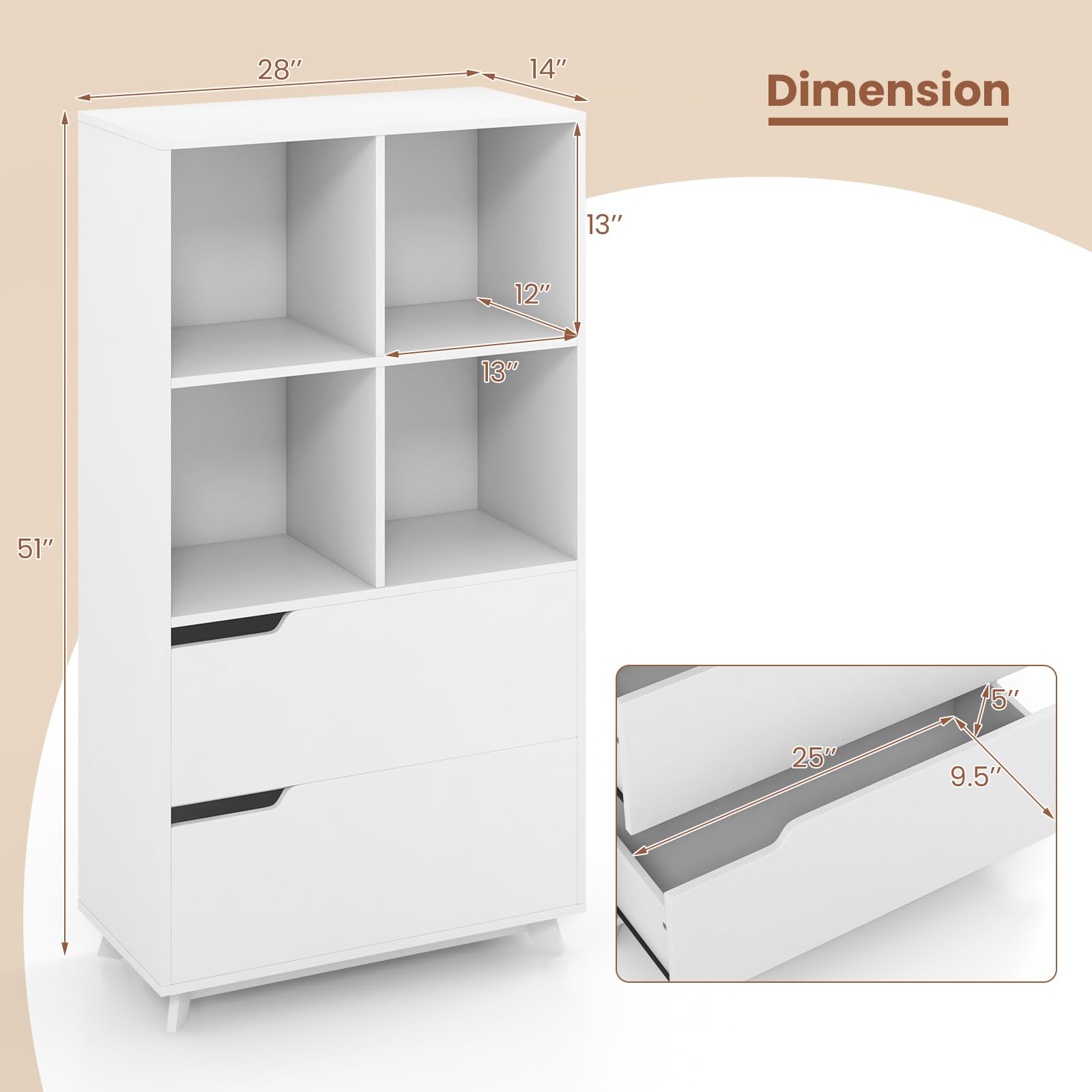 Giantex 51" Tall Bookcase with 2 Drawers, 4-Tier Open Bookshelf with 4 Storage Cubes, White