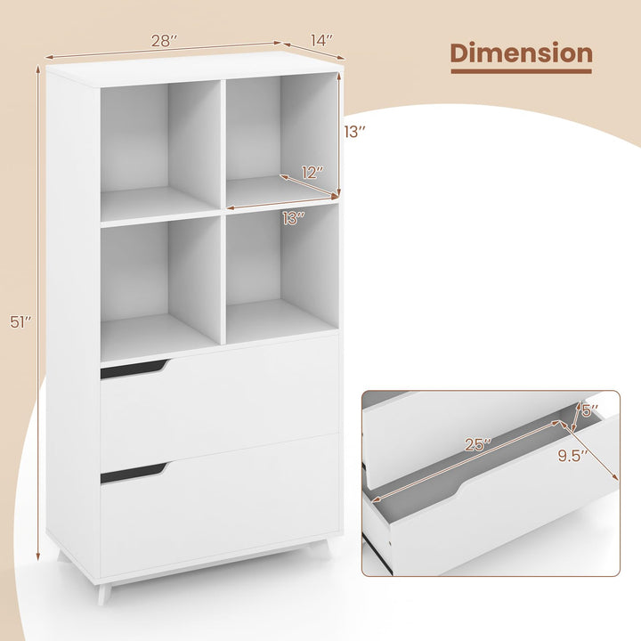 Giantex 51" Tall Bookcase with 2 Drawers, 4-Tier Open Bookshelf with 4 Storage Cubes, White