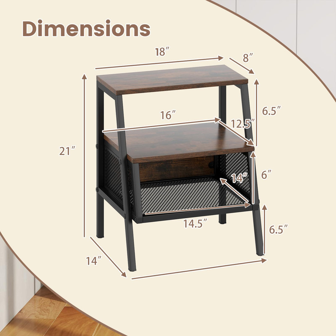 Giantex Industrial Nightstand 3-Tier End Table with 2 Open Shelves and Metal Mesh Compartment